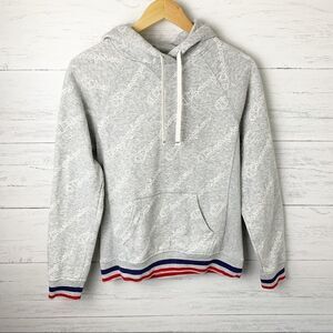 Champion logo hoodie light grey red navy stripe cuffs hem pullover ribbed XS